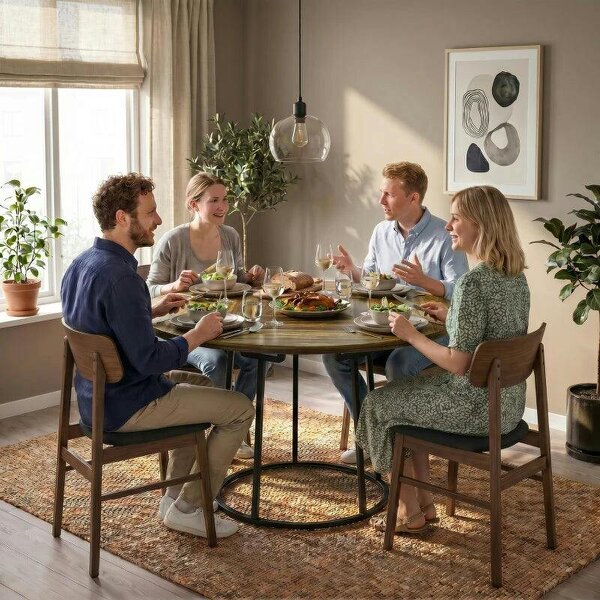 Dining Table Space Saving Kitchen Table Spliced Tabletop Conical Metal Base 120 cm Round Rustic Brown