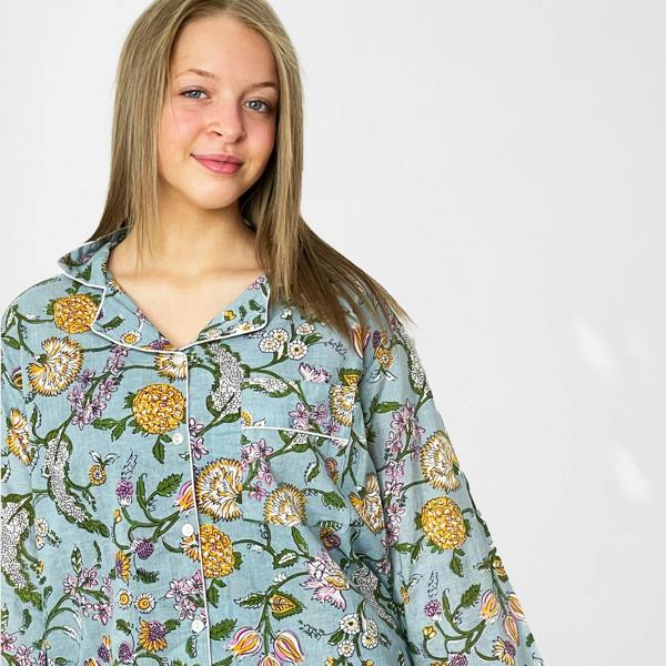 Hayley & Co Pale Blue Block Print Floral 100% Cotton Long Pyjama Set