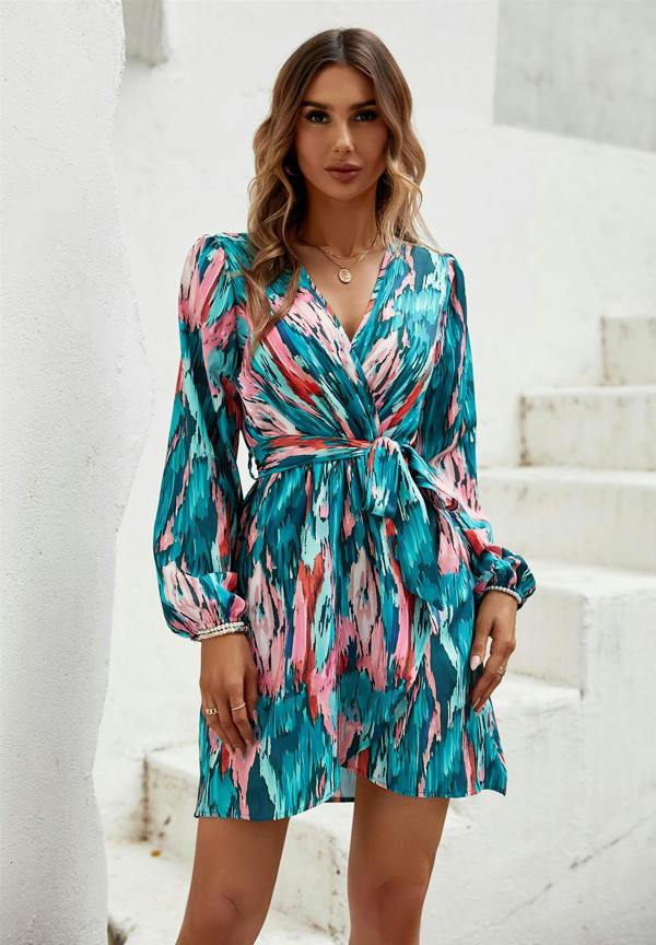 FS Collection Teal & Pink Tie Dye Print Wrap Mini Dress In Green