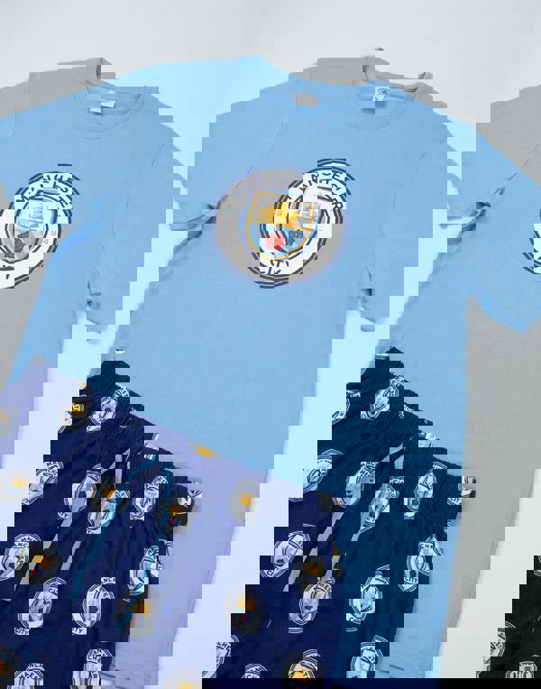 Manchester City Mens Blue Logo Short Sleeve Long Leg Pyjama Set