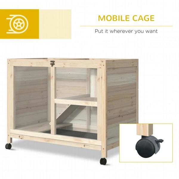 Mobile indoor wooden hutch with two levels, open front, ramp, and caster wheels
