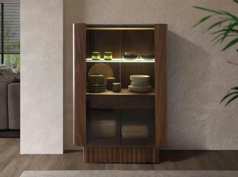 Angel Cerdá Tall Sideboard in Tempered Glass, Walnut With Interior Lighting 3273