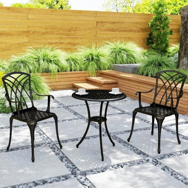 Bobobiy 3 Pieces Garden Dining Set for 2, Cast Aluminium Outdoor Dining Set with 2 Armchairs and Round Dining Table with Parasol Hole, Bronze Tone