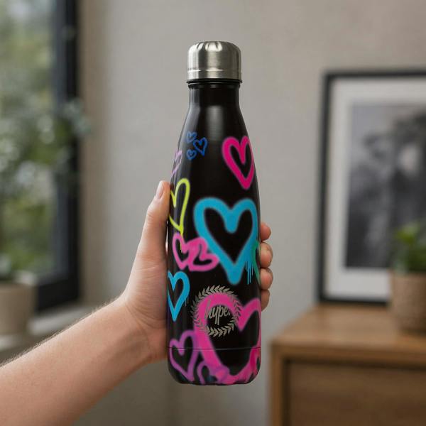 Hype Black Graffiti Heart Metal Water Bottle | Screw Top Reusable Leak Resistant