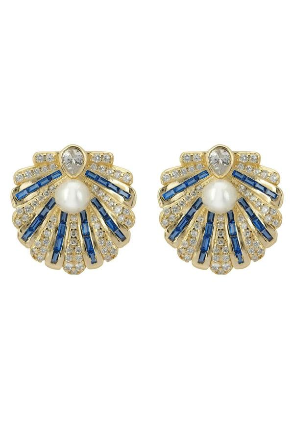 Latelita Art Deco Scallop Shell Earrings Sapphire Blue With Pearl Gold