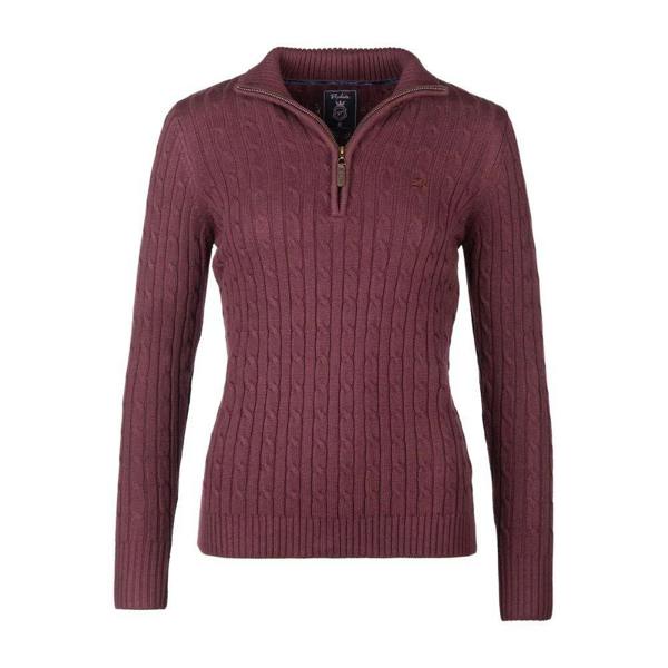 Rydale Emma Quarter Zip Cable Knitwear in Burgundy with classic cable knit texture and ribbed cuffs