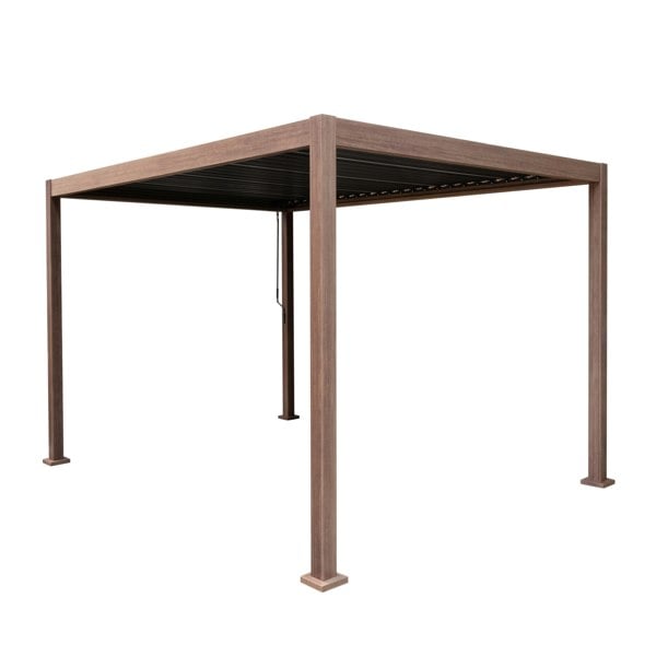 Wood effect aluminium pergola measuring 3m x 3m, featuring a sturdy frame with a textured finish, ideal for outdoor spaces