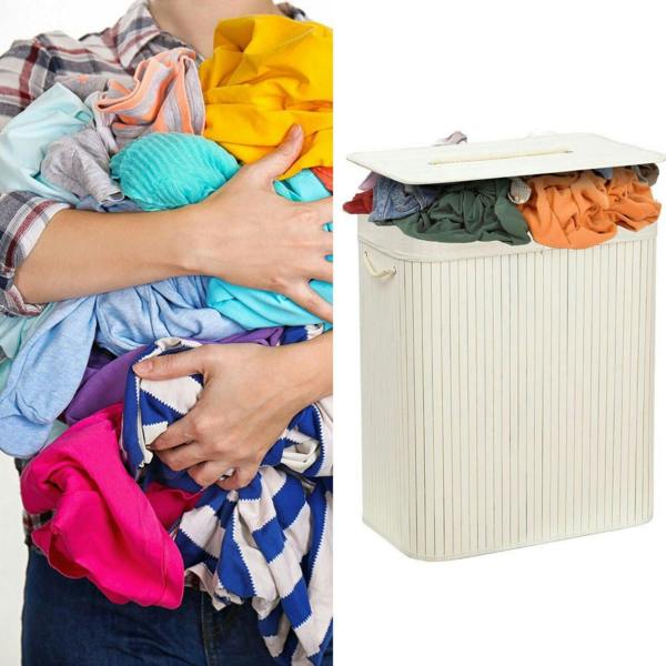 Dyzi Rectangular Bamboo Laundry Basket with Divider Lid Rope Handles White
