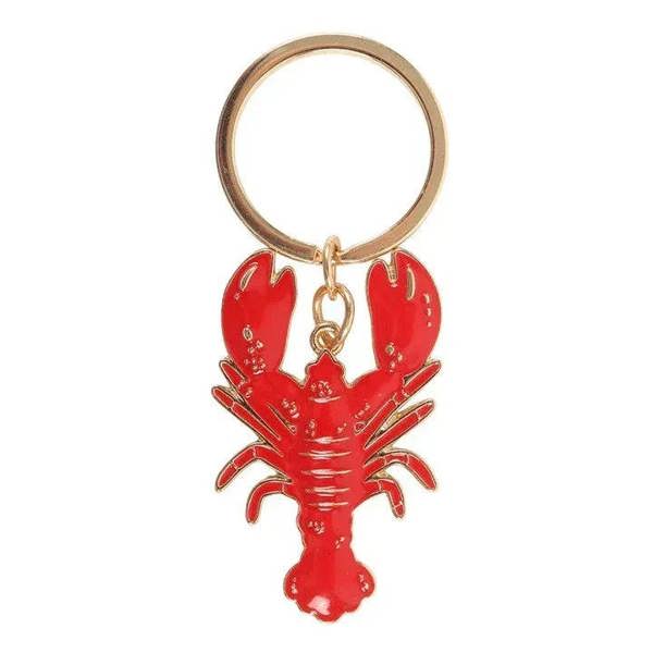 Gold keyring ring with red lobster enamel charm and small gold chain