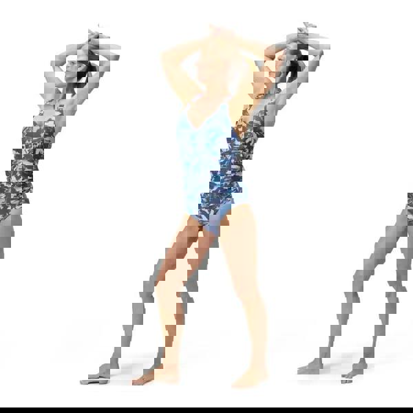 Speedo shaping printed V neck swimsuit in purple grey floral