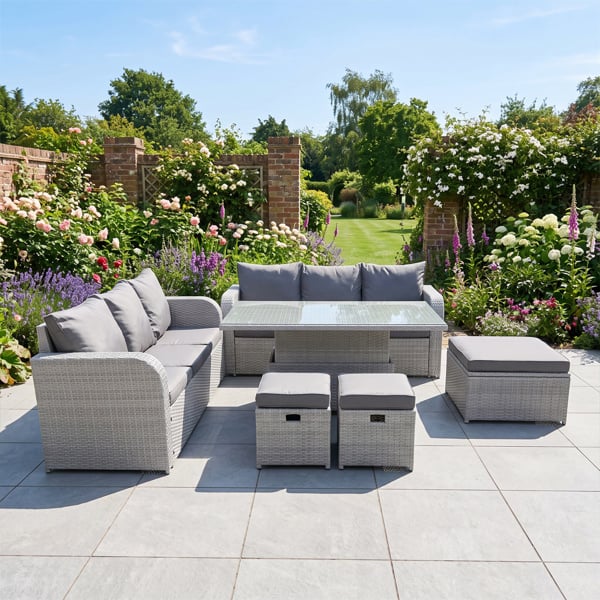Fimous 9 Seater Patio Furniture Set, Wicker Rattan, Adj Height Table, High Back Lounge Sofa and 3 Stools, Light Grey