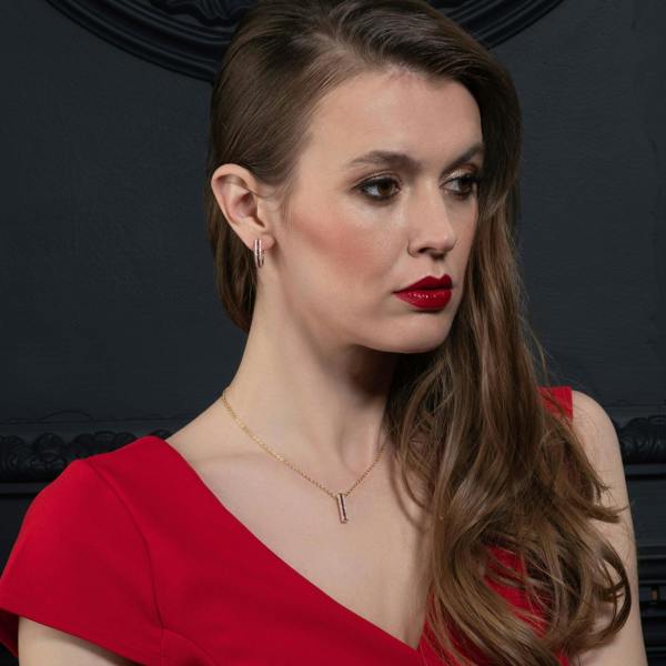 Gold Bar Pendant Necklace with Red Cubic Zirconia Stones - namana.london