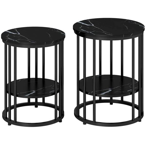 Set of two black marble-effect round coffee tables with slatted metal legs and lower shelf.