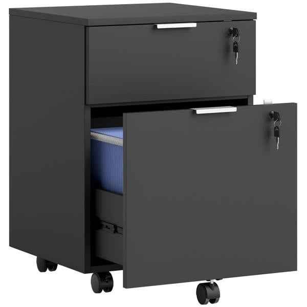 Black lockable two-drawer filing cabinet with keys and rolling casters.