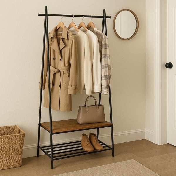 Vintage industrial coat rack with black metal frame and brown wood shelf, featuring top bar for hanging clothes and bottom bench for shoe storage

