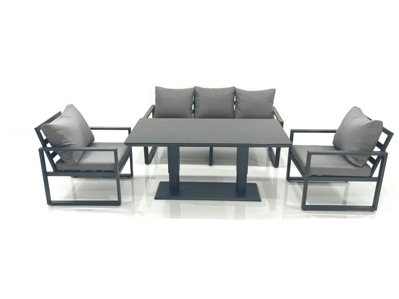 Fimous Outdoor Aluminium Garden Furniture Set with Adjustable Rising Lifting Dining Table 3 Seater Sofa 2 Chair Dark Grey