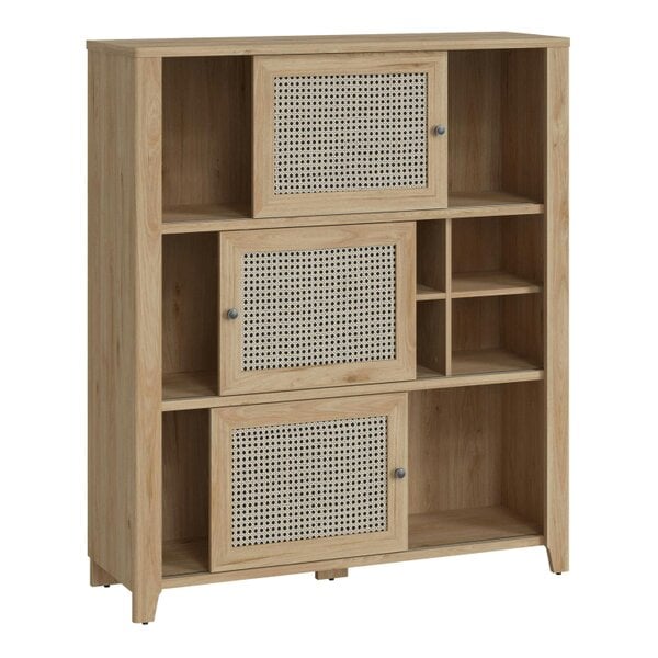 Wyld Haus Monza Natural Oak Wood and Rattan 3 Sliding Door Cabinet