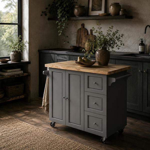 Wyld Haus Norado Grey and Natural Wooden Rolling Kitchen Island With Drop Leaf Drawer Towel And Spice Racks