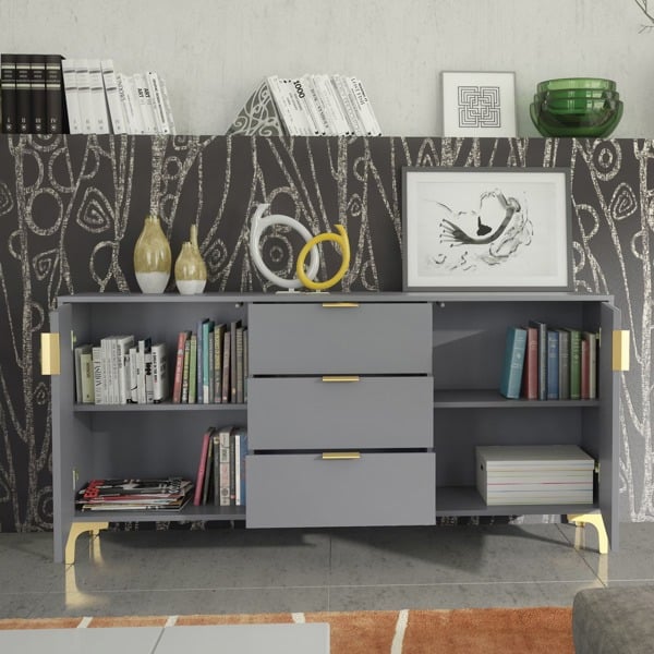 Mex Furniture Captivating Grey 140cm Sideboard with Ribbed Doors, 3 Drawers & Gold Accents