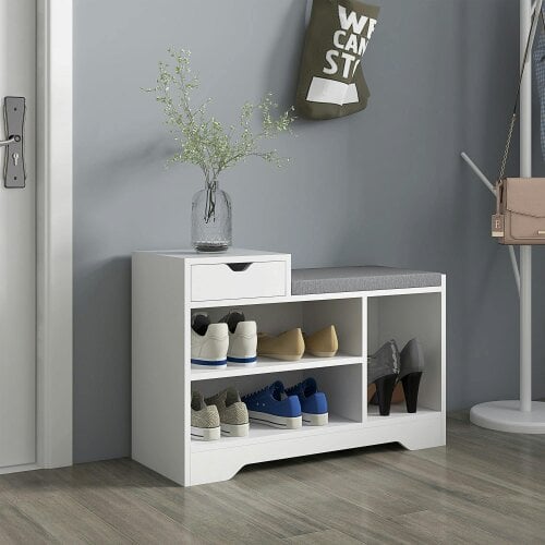 Wyld Haus Norata Wooden White Multi Compartment Shoe Bench With Grey Cushioned Seat