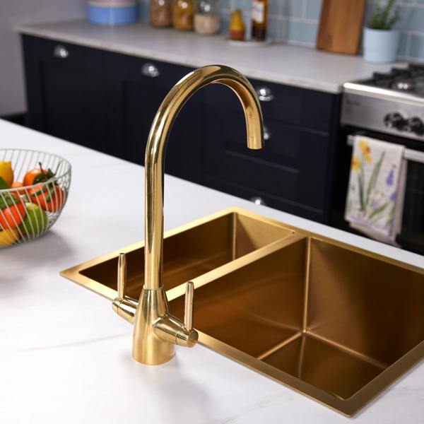 Flode Drammen | Dual Lever Kitchen Mixer | Polished Brass Finish