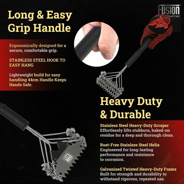 Fusion Food Care Fusion Food Wire Brush With Ergonomic Handle - Stainless Steel Helix Grill Cleaner with Scraper Bar & Ergonomic Handle