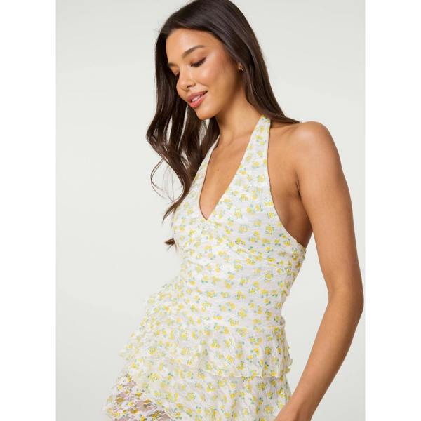 Pink Vanilla Lemon Printed Lace Halter Neck Mini Dress With Shorts