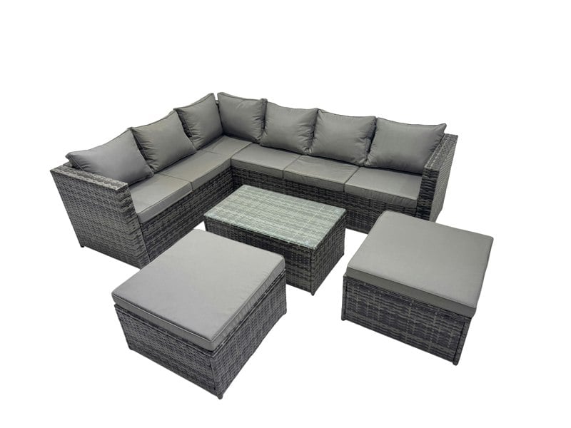 Fimous Outdoor Rattan Rectangular Coffee Table Corner Sofa Setss Garden Furniture Set with 2 Big Stools Dark Grey Mixed