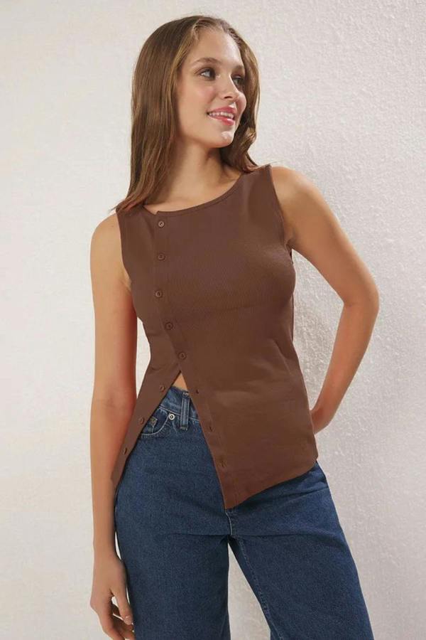 Hoxton Gal Buttoned Asymmetric Fitted Ribbed Stretch Knit Blouse