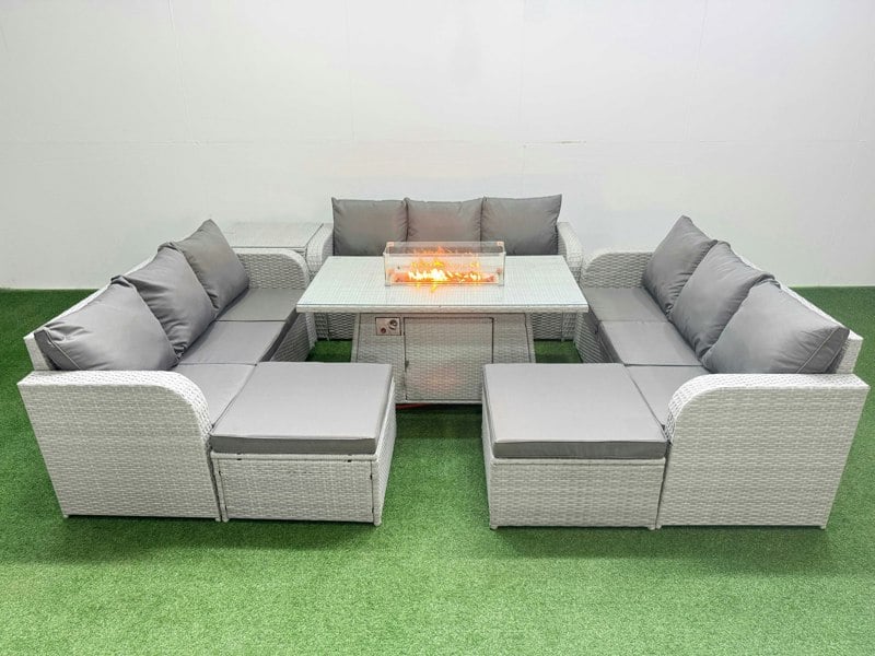 Fimous 11 Seater PE Rattan Outdoor Garden Furniture Set with Fire Pit Dining Table, 3 Seater Sofa, 2 Big Footstools, Side Table - Light Grey