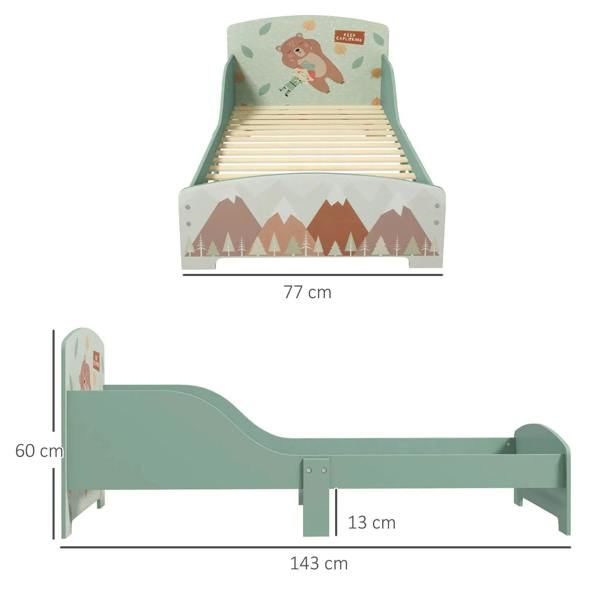 Green toddler bed frame with slatted base and woodland print side panels; size diagram shown