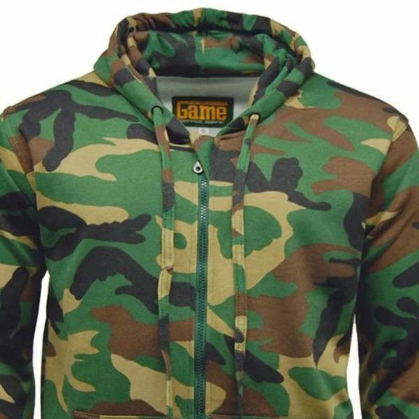 Game camouflage hoodie zip up made from heavyweight brushed-back fleece for warmth