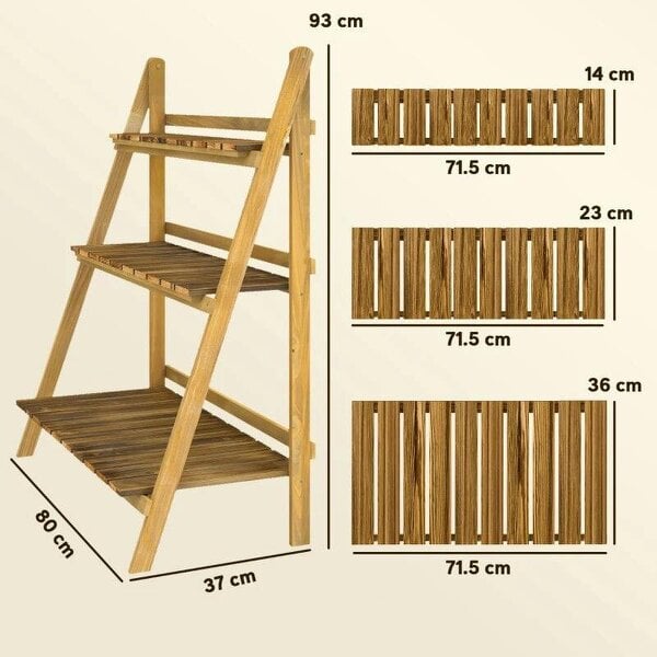 Bobobiy Wooden Folding Flower Pot Stand 3 Tier Garden Planter Display Ladder Gardener Storage Shelves Rack Herb Holder (80L x 37W x 93H cm)