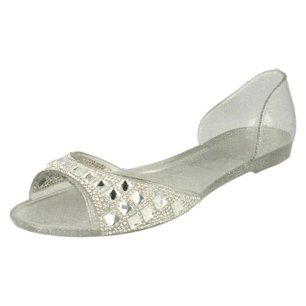 Spot On Ladies Spot On F0794  Open Toe Flat Ballerina With Jewelled Detailing