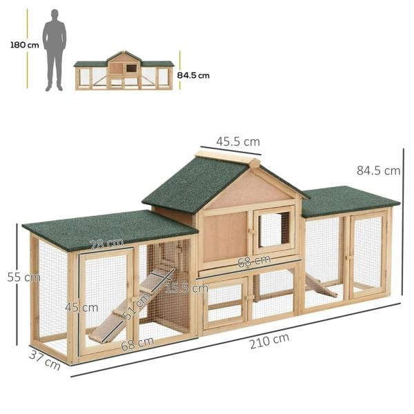 2-storey wooden rabbit hutch with run, green felt roofs shown with size diagram