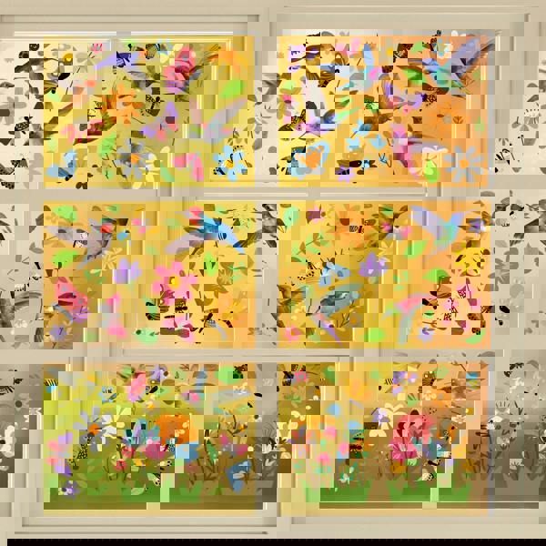 WALPLUS C2WSW019 - Small Hummingbirds with Butterflies In The Meadow Of Flowers Window Clings - WSW3002 + WSW6009