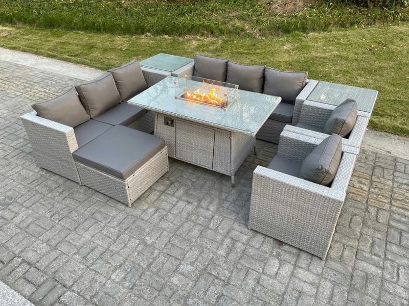 Fimous Rattan Outdoor Garden Furniture Set with Gas Fire Pit Dining Table, 2 Sofas, 2 Side Tables, 2 Chairs, 1 Footstool - 9 Seater - Light Grey