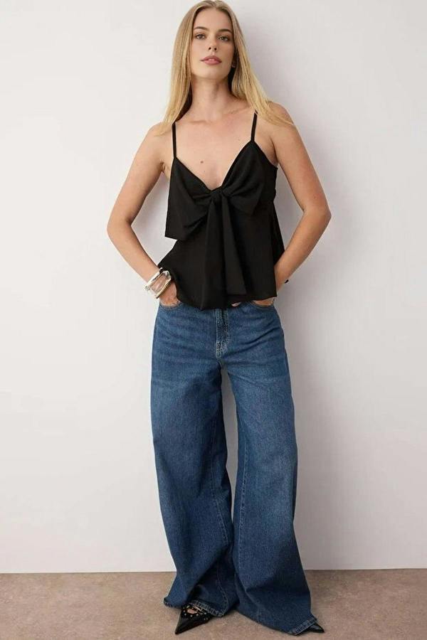 WOVCOR Linen-Look Woven Blouse with Bow Detail