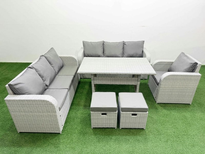 Fimous 9 Seater Light Grey Poly Rattan Outdoor Dining Set - Rectangular Table, 3-Seater Sofa, Reclining Chair & Stools