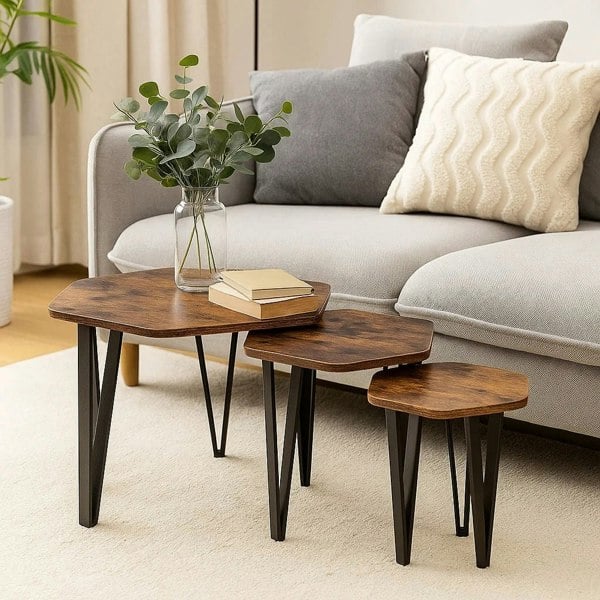 Set of 3 rustic brown nesting coffee tables with black steel frames

