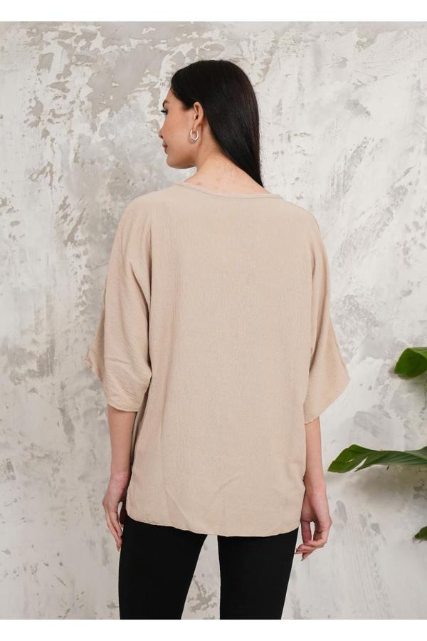 Hoxton Gal Oversized V Neck Tie Front Detailed Blouse with 3/4 Sleeves in Beige