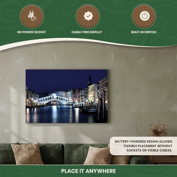 Rialto Bridge Scene Print LED Canvas, Venice Artwork With 8 LED Lights, 60 x 40 cm, Stretched Wooden Frame, Battery Powered