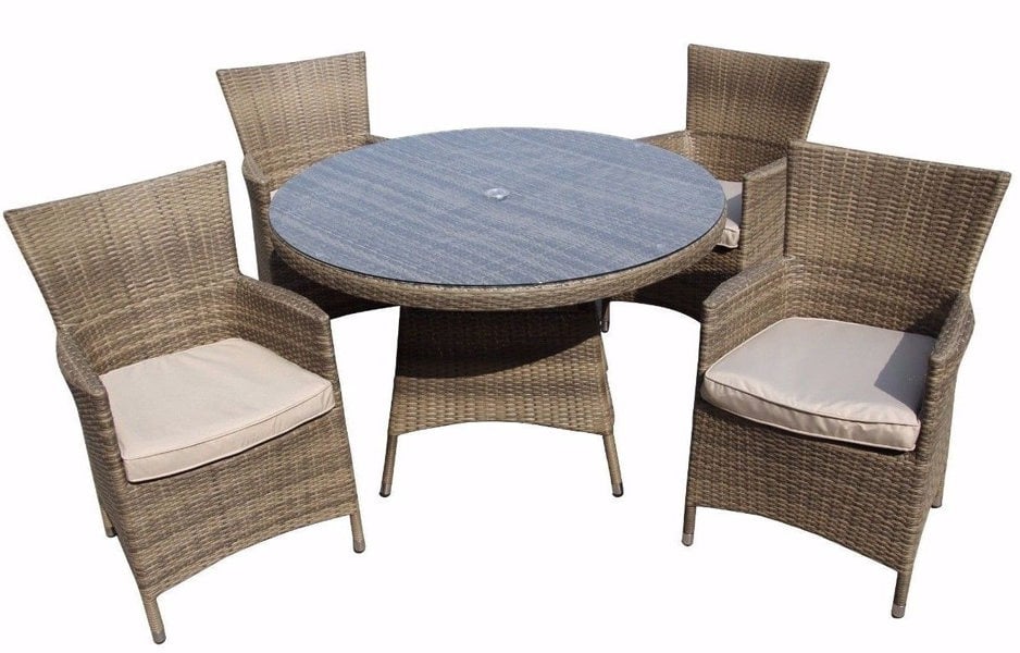 Furniture One 5 PCS Aluminium Rattan Garden Furniture 4 Seat Set, Round Tempered Glass Dining Table + 4 Chairs Set Full Assembly