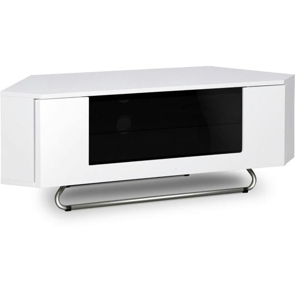 Homeology Hampshire Corner-Friendly Gloss White with Black Glass Beam-Thru Remote Friendly Door 26"-50" Flat Screen TV Cabinet
