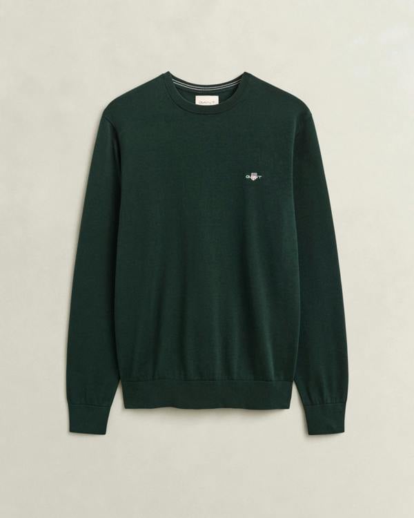GANT Mens Classic Cotton Shield Logo Crew Neck Jumper - 374 Tartan Green | CHO | Designer Mens Crew Neck Jumpers