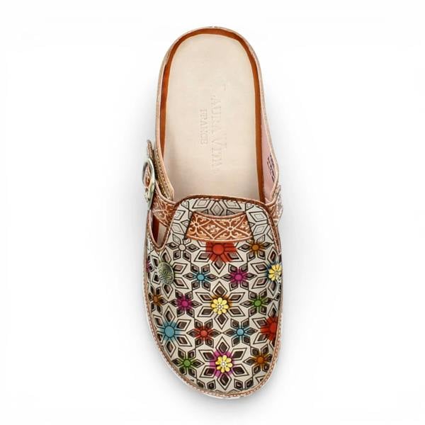 Laura Vita Dorry 01 - Women’s Floral Beige Leather Wedge Slipper