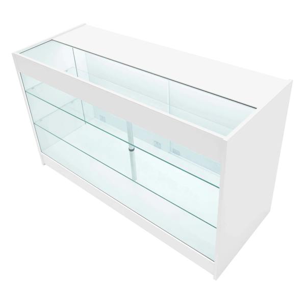 Triton LED shop counter set in white, featuring a sleek design with glass shelves and illuminated display area for products