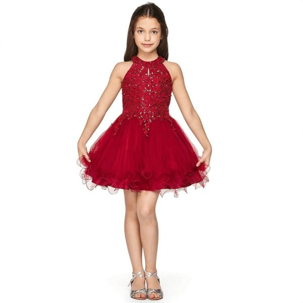 girl wearing a Clara short beaded Party Dress in burgundy