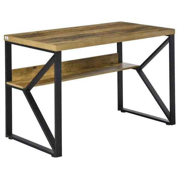 Brown wood-effect writing desk with lower storage shelf and black metal X-frame legs