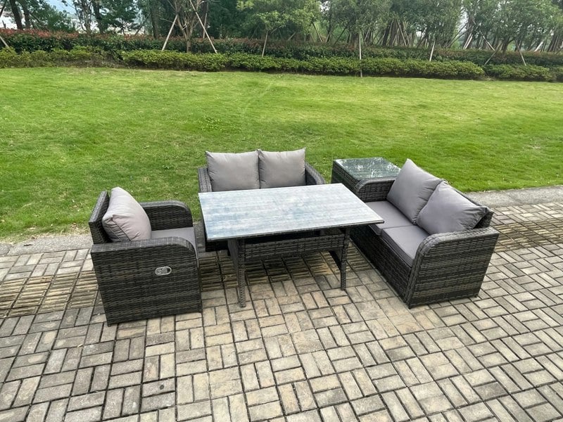 Fimous Lounge Rattan Sofa Set Outdoor Garden Furniture Oblong Rectangular Dining Table With Chairs Side Table Dark Grey Mixed